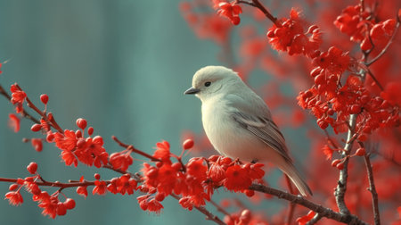 Small bird on a branch of a blossoming tree with red flowersの素材
