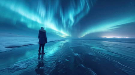 Woman looking at aurora borealis, northern lights. 3d renderingの素材