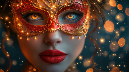 Close-up portrait of a beautiful girl in a carnival maskの素材