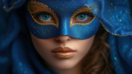 Close-up portrait of a beautiful woman with blue carnival maskの素材
