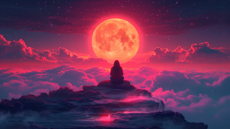Fantasy landscape with a monk on the top of the mountain and the full moonの素材