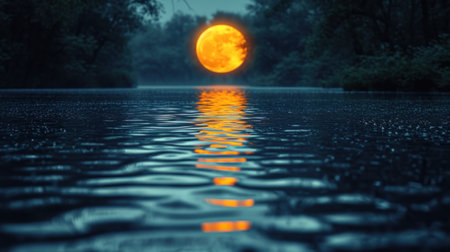 Full moon in the night sky reflected in the water. 3d renderingの素材