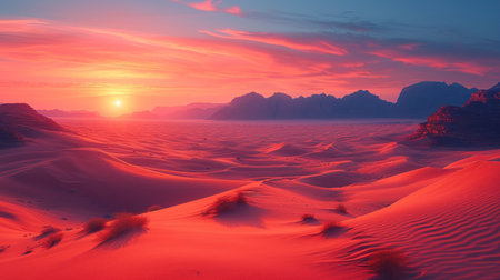 Beautiful desert landscape. Sunrise over the sand dunes. 3d renderの素材