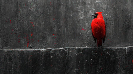 Red cardinal bird on grunge wall background. Red cardinal bird on the wall.の素材