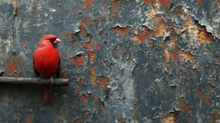 Red cardinal bird sitting on a rusty iron wall with copy space.の素材