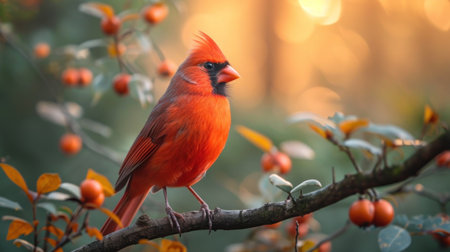 Male Northern Cardinal (cardinalis cardinalis) perched on a branch in autumnの素材