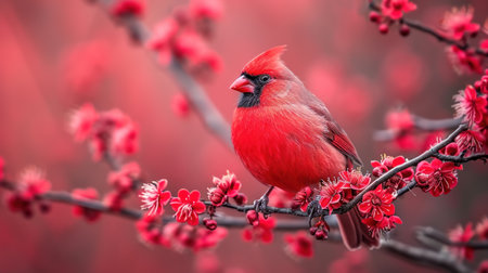 Male Northern Cardinal (cardinalis cardinalis) perched on a red blossomの素材