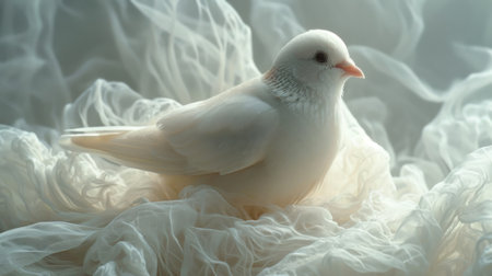White dove on a background of white tulle, close-upの素材