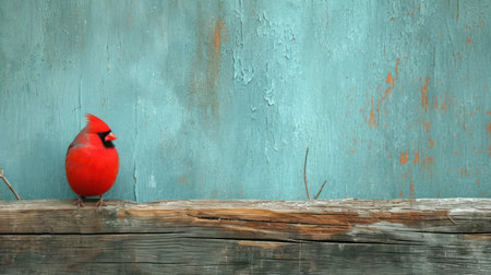Red cardinal bird sitting on a wooden log against a blue painted wallの素材