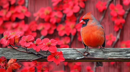 Male Northern Cardinal perched on a fence with red flowers in the backgroundの素材