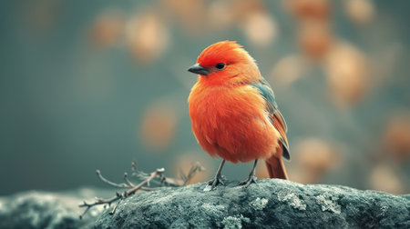 Beautiful red bird sitting on a rock and looking at the cameraの素材
