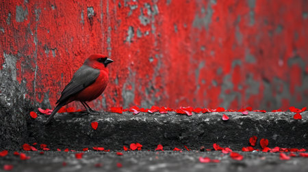 Bullfinch sitting on a wall with red hearts in the backgroundの素材