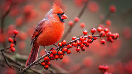 Male Northern Cardinal (cardinalis cardinalis) perched on a rowan berryの素材