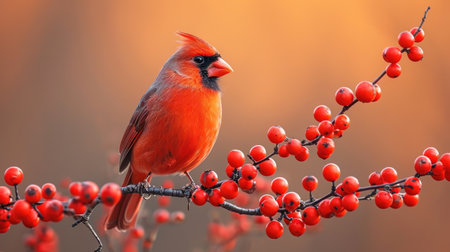 Male Northern Cardinal (cardinalis cardinalis) perched on a rowan branchの素材