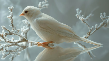 White bird on a snow-covered branch of a tree in winterの素材