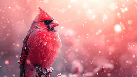 Male Northern Cardinal (cardinalis cardinalis) perched on a branch during a snowfall.の素材
