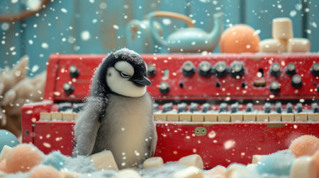 Penguin on the background of a red piano and snowfallの素材
