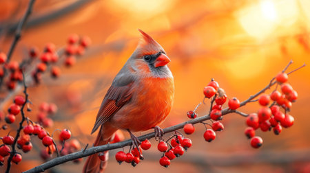 Female Northern Cardinal perched on a branch of rowan with red berriesの素材