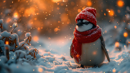 Little penguin in a red hat and scarf on the background of the winter forest.の素材