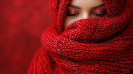 Close-up portrait of a beautiful young woman in a red scarf.の素材