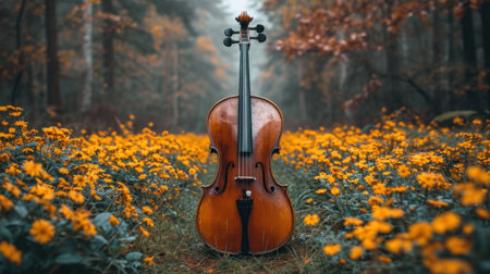 Violin in the autumn forest with yellow flowers on a foggy dayの素材