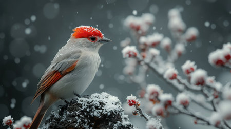 Red-crested cardinal sitting on a branch covered with snowの素材