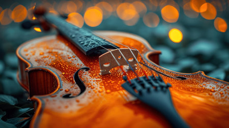 Violin on the grass with bokeh lights in the backgroundの素材