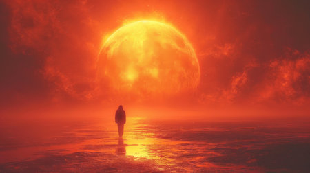 3d illustration of a woman standing on the ice and looking at the full moonの素材
