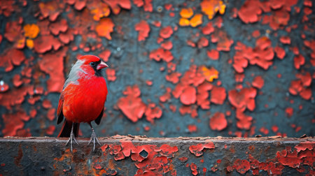 Red cardinal bird on a rusty metal wall. Bird in the nature.の素材