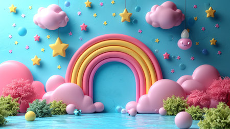 3d rendering of children's room with rainbow, clouds, stars, trees and balloonsの素材
