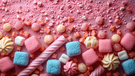 Colorful candies and marshmallows on pink background, top viewの素材