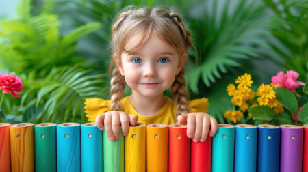 Cute little girl playing with colorful wooden toys in the garden.の素材