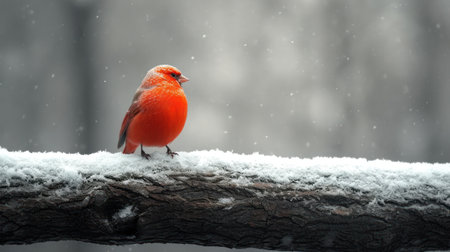 Male Northern Cardinal (Cardinalis cardinalis) perched on a snow covered branch.の素材