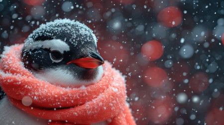 Christmas penguin in a red scarf on a background of snowfallの素材