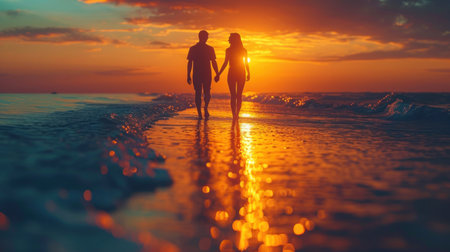 Silhouette of romantic couple holding hands and walking on beach at sunsetの素材