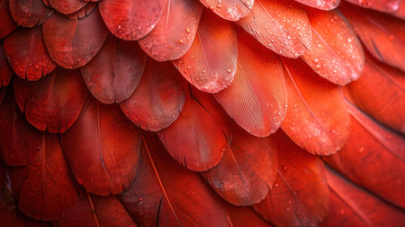 Close-up of red parrot feathers with water droplets.の素材
