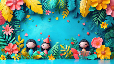 Cute little girls in paper cut style with floral background, 3d rendering.の素材
