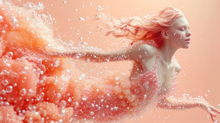 Beautiful woman with red hair splashing water from her body.の素材