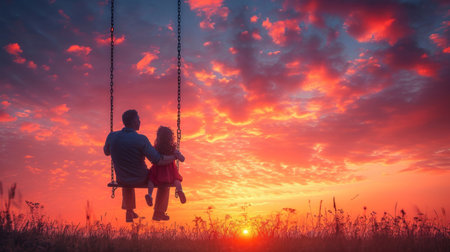 Father and daughter swinging on the swing at sunset in the meadowの素材
