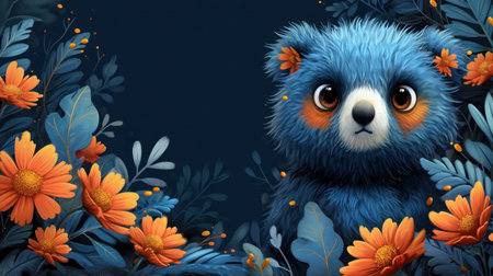 cartoon scene with happy panda bear in the forest surrounded by flowers - illustration for childrenの素材