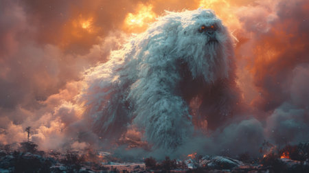 Fantasy landscape with a huge cloud of smoke. 3d illustrationの素材