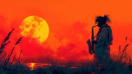 Silhouette of a saxophonist on a sunset background.の素材