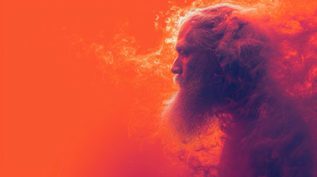 Portrait of a man with long beard and hair in red and orange smokeの素材