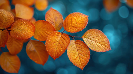 Autumn leaves with water drops on a blue bokeh backgroundの素材
