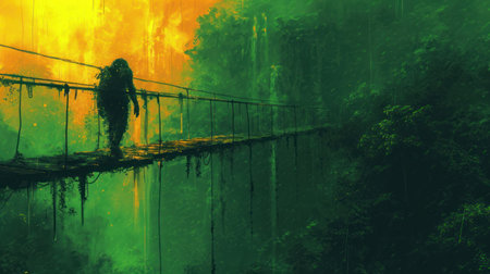 Silhouette of a man walking on a suspension bridge in the jungleの素材