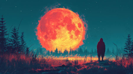 Illustration of a man standing in front of the big red full moonの素材