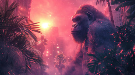 Gorilla in the rainforest at night. 3D renderingの素材
