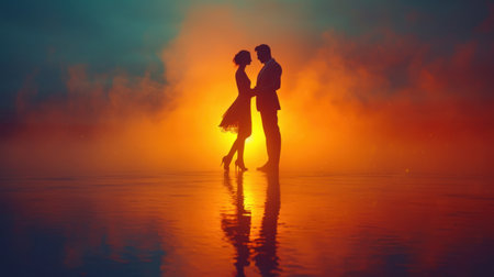 Silhouette of a loving couple dancing on the beach at sunsetの素材