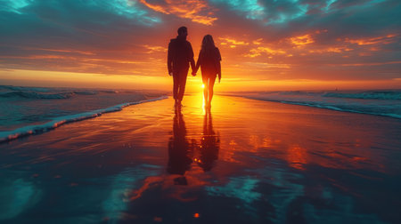Beautiful young couple walking on the beach at sunset. Man and woman holding handsの素材