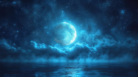Mystical dark blue night landscape with full moon. 3D renderingの素材